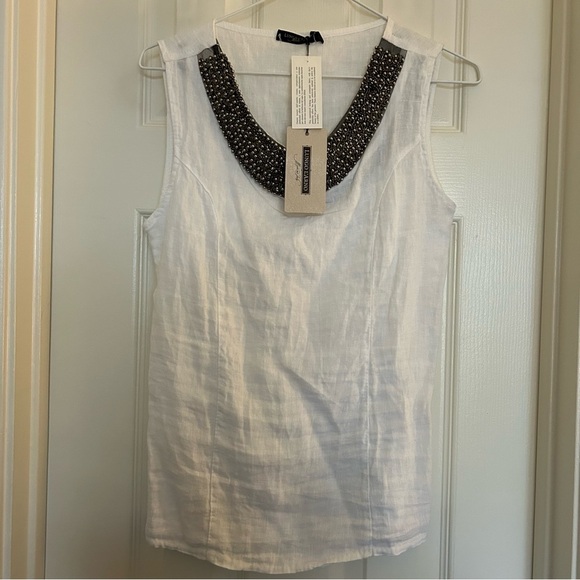 Lungo L'arno Tops - Lungo L'Arno NWT White Beaded 100% Linen Tank Blouse Made In Italy Size Small